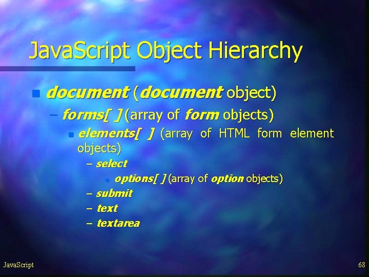 Java. Script Object Hierarchy n document (document object) – forms[ ] (array of form