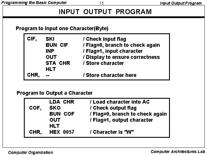 Programming the Basic Computer 15 Input Output Program INPUT OUTPUT PROGRAM Program to Input