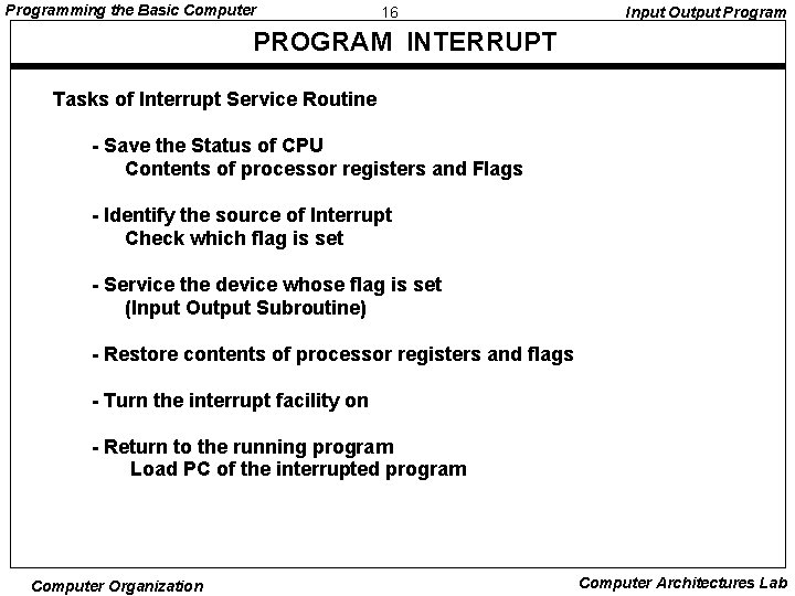 Programming the Basic Computer 16 Input Output Program PROGRAM INTERRUPT Tasks of Interrupt Service