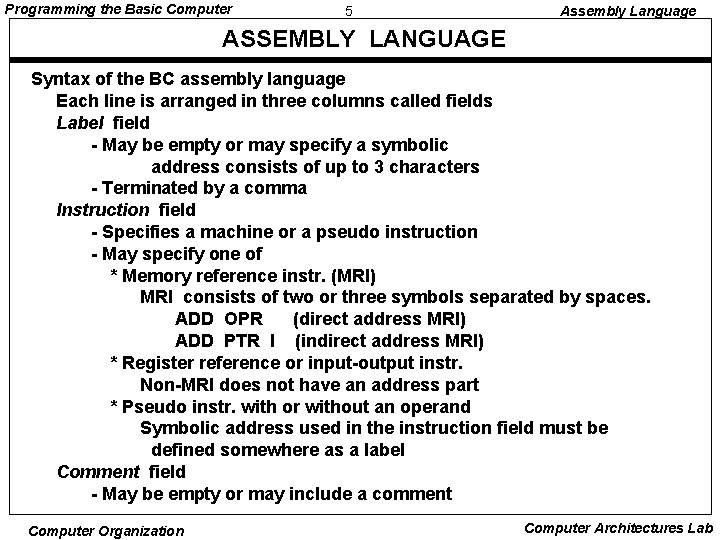 Programming the Basic Computer 5 Assembly Language ASSEMBLY LANGUAGE Syntax of the BC assembly