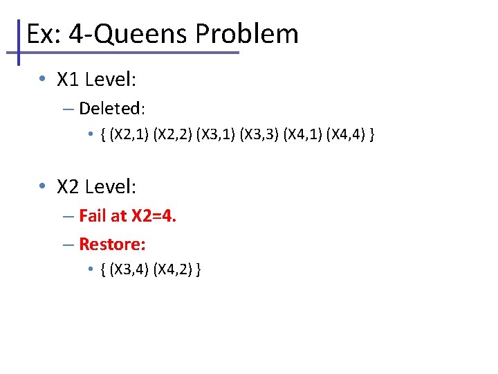 Ex: 4 -Queens Problem • X 1 Level: – Deleted: • { (X 2,