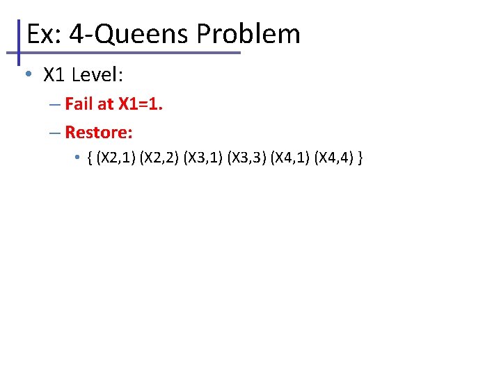 Ex: 4 -Queens Problem • X 1 Level: – Fail at X 1=1. –
