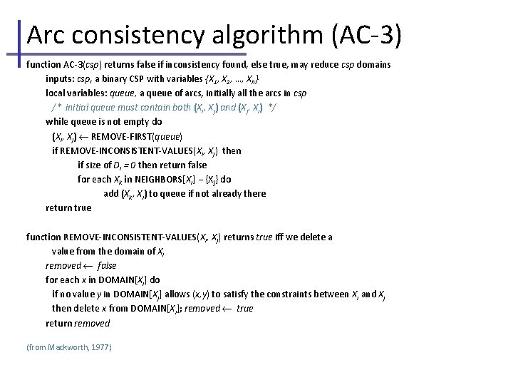 Arc consistency algorithm (AC-3) function AC-3(csp) returns false if inconsistency found, else true, may