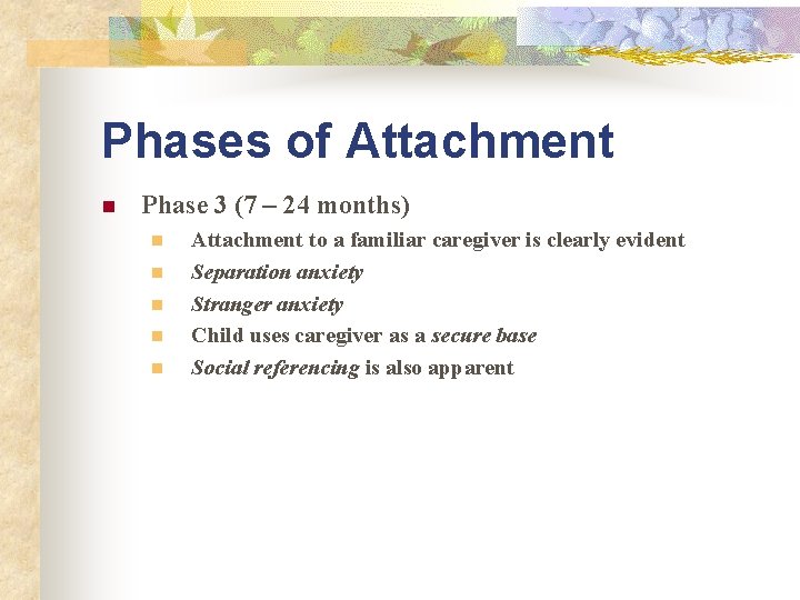 Phases of Attachment n Phase 3 (7 – 24 months) n n n Attachment