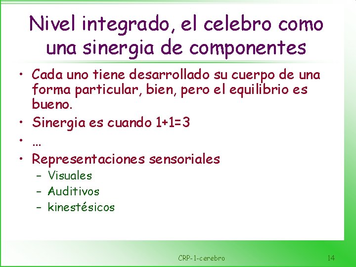 Nivel integrado, el celebro como una sinergia de componentes • Cada uno tiene desarrollado