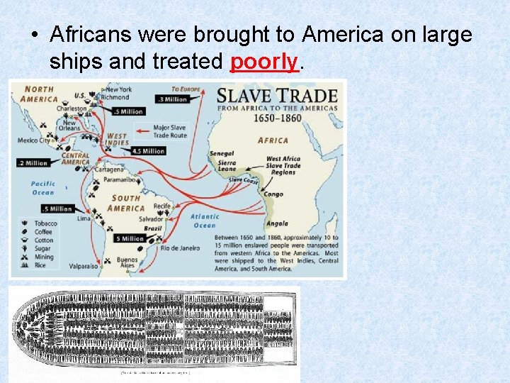  • Africans were brought to America on large ships and treated poorly. 