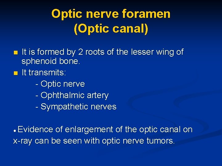 Optic nerve foramen (Optic canal) n n It is formed by 2 roots of