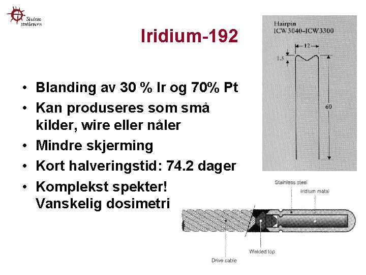 Iridium-192 • Blanding av 30 % Ir og 70% Pt • Kan produseres som
