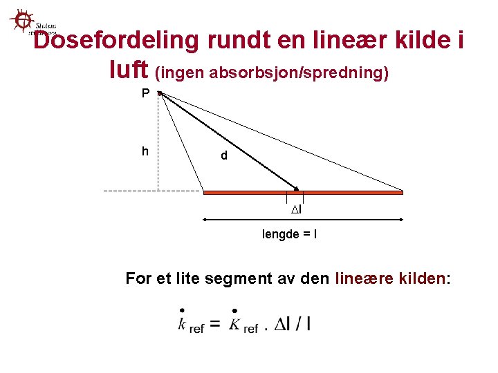 Dosefordeling rundt en lineær kilde i luft (ingen absorbsjon/spredning) P h d l lengde