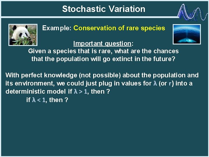 Stochastic Variation Example: Conservation of rare species Important question: Given a species that is