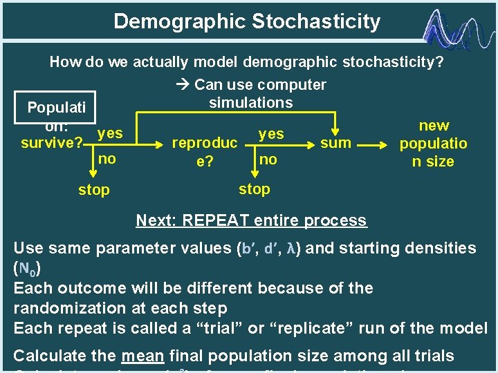 Demographic Stochasticity How do we actually model demographic stochasticity? Can use computer simulations Populati