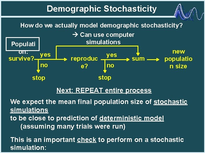 Demographic Stochasticity How do we actually model demographic stochasticity? Can use computer simulations Populati