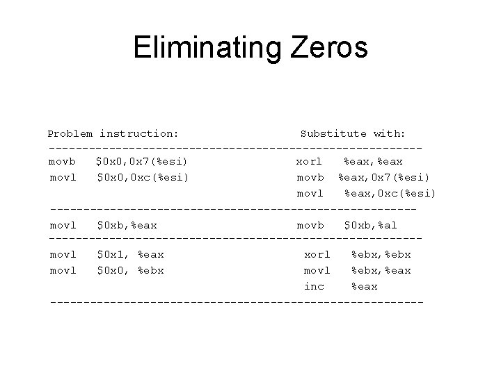 Eliminating Zeros Problem instruction: Substitute with: ----------------------------movb $0 x 0, 0 x 7(%esi) xorl