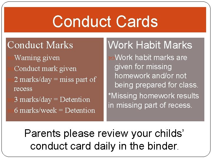 Conduct Cards Conduct Marks Work Habit Marks Warning given Work habit marks are Conduct