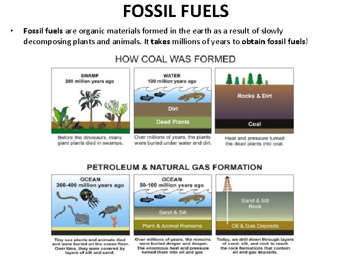 FOSSIL FUELS • Fossil fuels are organic materials formed in the earth as a