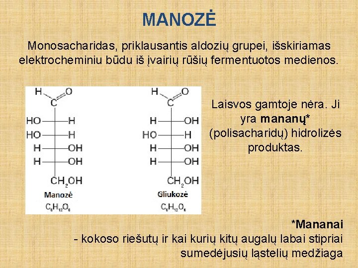 MANOZĖ Monosacharidas, priklausantis aldozių grupei, išskiriamas elektrocheminiu būdu iš įvairių rūšių fermentuotos medienos. Laisvos