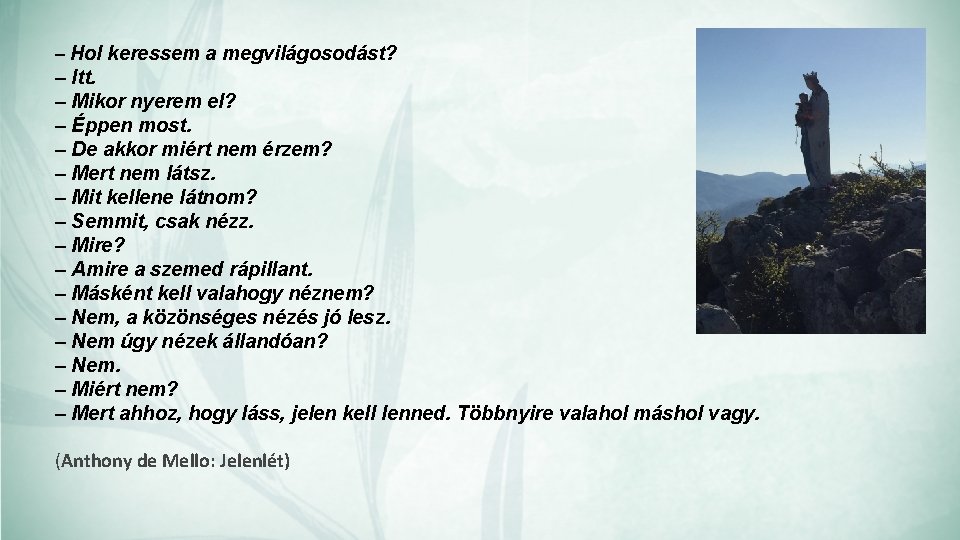 – Hol keressem a megvilágosodást? – Itt. – Mikor nyerem el? – Éppen most.