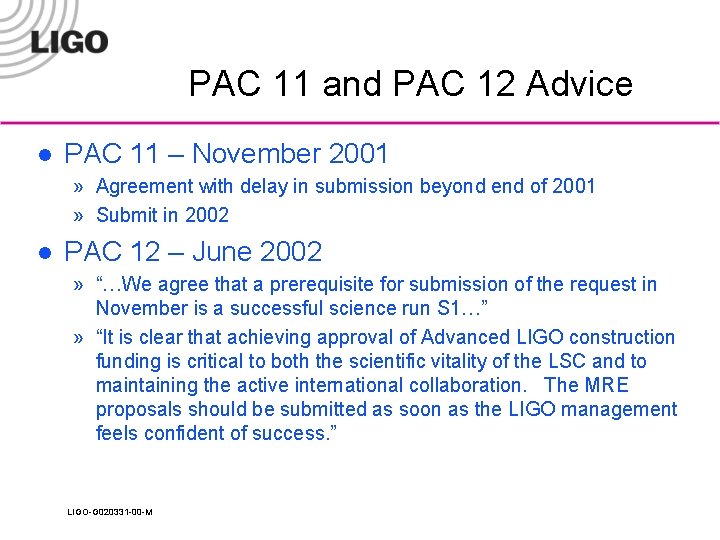 PAC 11 and PAC 12 Advice l PAC 11 – November 2001 » Agreement