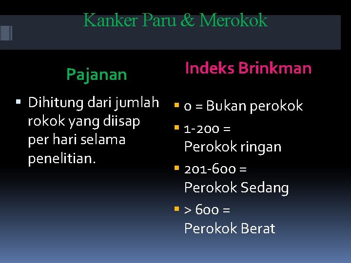 Kanker Paru & Merokok Pajanan Indeks Brinkman Dihitung dari jumlah 0 = Bukan perokok