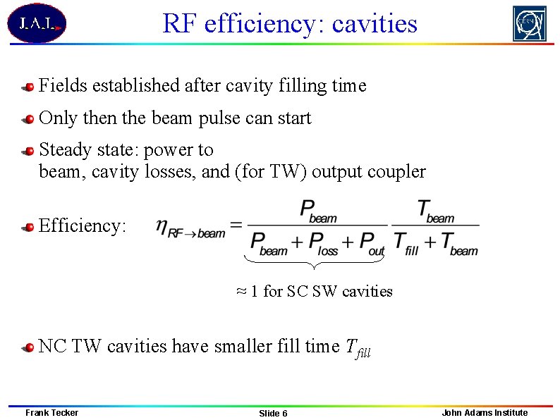 RF efficiency: cavities Fields established after cavity filling time Only then the beam pulse