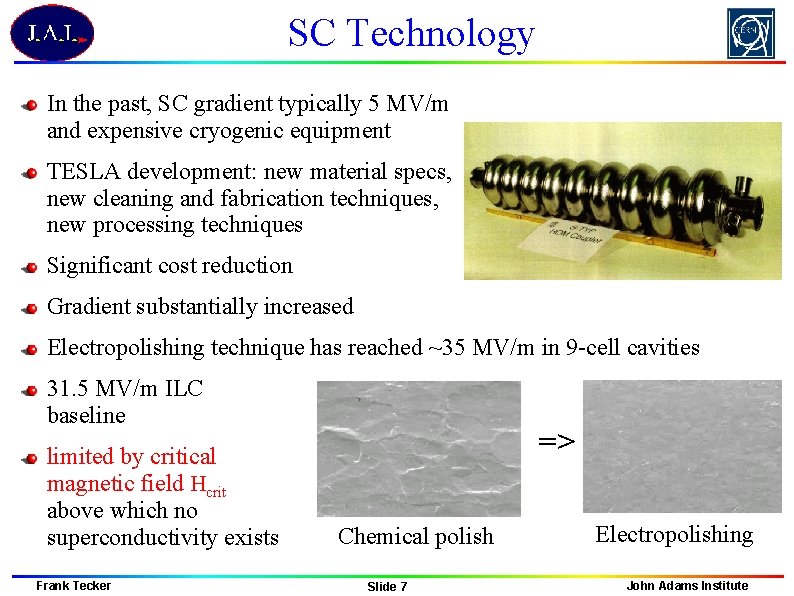 SC Technology In the past, SC gradient typically 5 MV/m and expensive cryogenic equipment