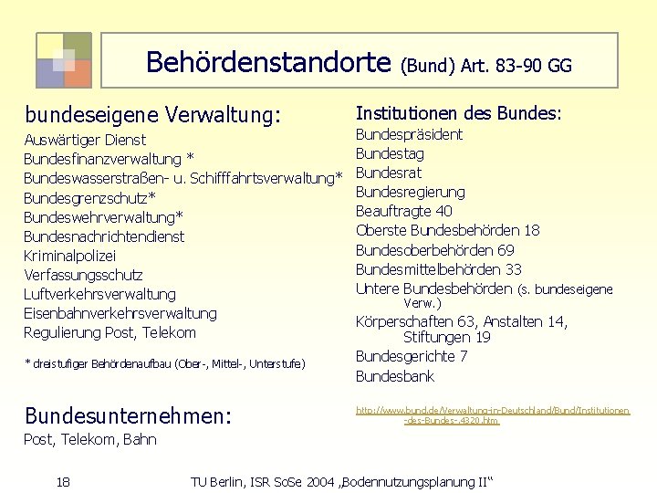 Behördenstandorte bundeseigene Verwaltung: Auswärtiger Dienst Bundesfinanzverwaltung * Bundeswasserstraßen- u. Schifffahrtsverwaltung* Bundesgrenzschutz* Bundeswehrverwaltung* Bundesnachrichtendienst Kriminalpolizei