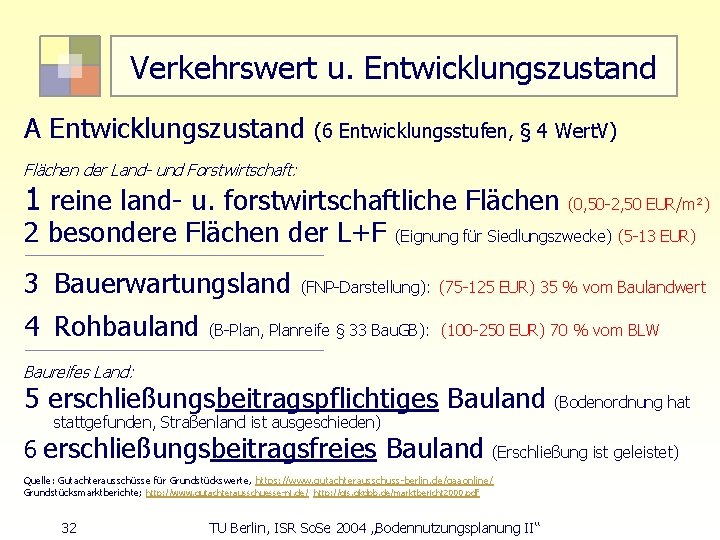 Verkehrswert u. Entwicklungszustand A Entwicklungszustand (6 Entwicklungsstufen, § 4 Wert. V) Flächen der Land-