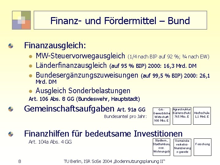 Finanz- und Fördermittel – Bund Finanzausgleich: l l l MW-Steuervorwegausgleich (1/4 nach BIP auf