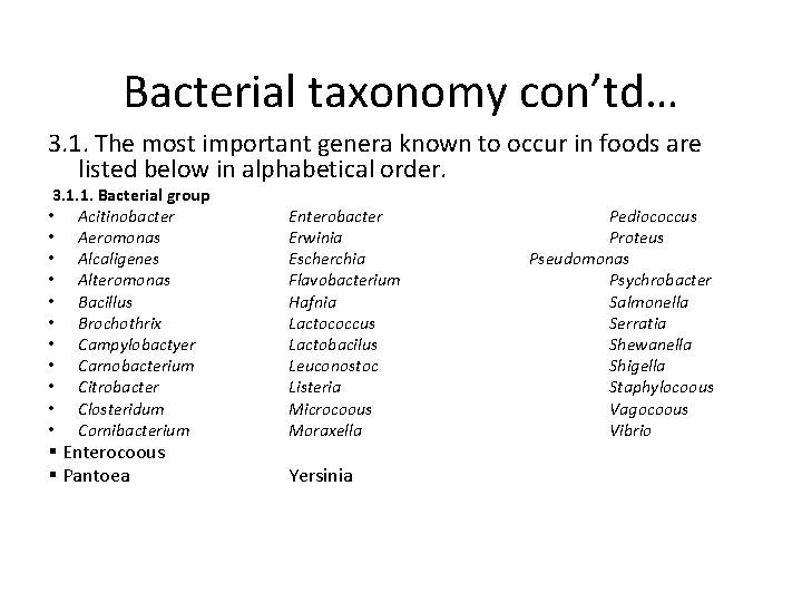 Bacterial taxonomy con’td… 3. 1. The most important genera known to occur in foods