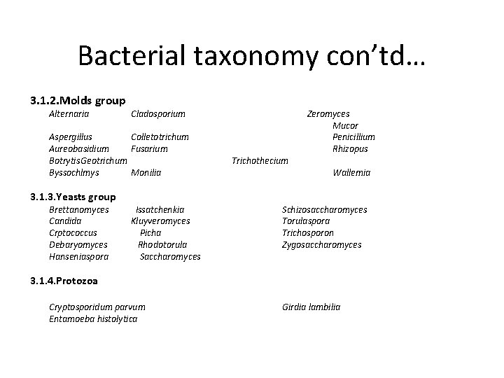 Bacterial taxonomy con’td… 3. 1. 2. Molds group Alternaria Cladosporium Aspergillus Colletotrichum Aureobasidium Fusarium