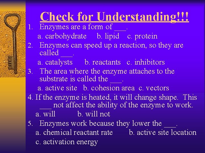 Check for Understanding!!! 1. Enzymes are a form of ___. a. carbohydrate b. lipid