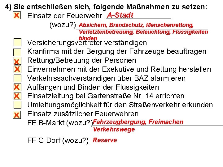 4) Sie entschließen sich, folgende Maßnahmen zu setzen: X Einsatz der Feuerwehr A-Stadt (wozu?