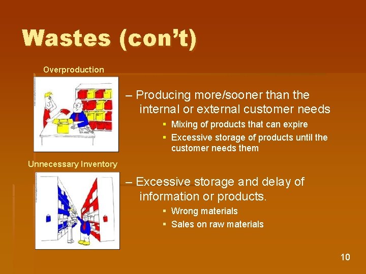 Wastes (con’t) Overproduction – Producing more/sooner than the internal or external customer needs §
