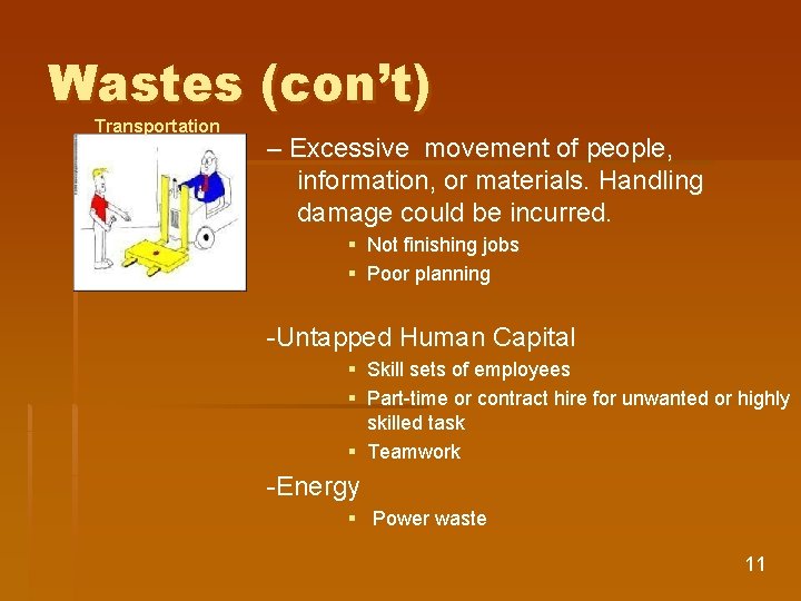 Wastes (con’t) Transportation – Excessive movement of people, information, or materials. Handling damage could