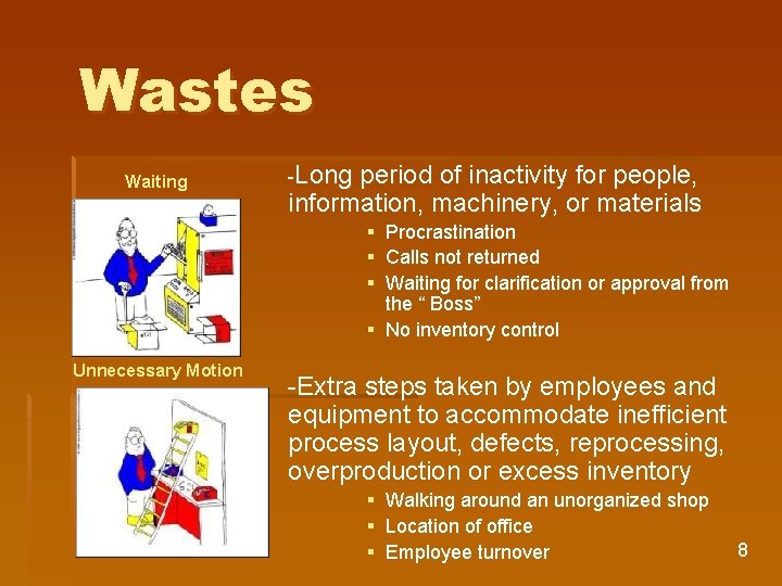 Wastes Waiting -Long period of inactivity for people, information, machinery, or materials § §