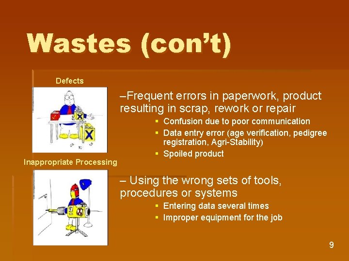 Wastes (con’t) Defects –Frequent errors in paperwork, product resulting in scrap, rework or repair