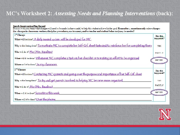 MC’s Worksheet 2: Assessing Needs and Planning Interventions (back): 