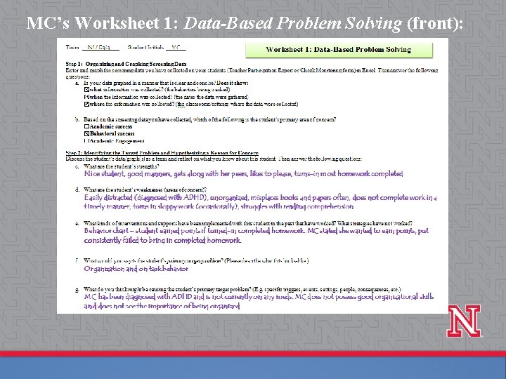 MC’s Worksheet 1: Data-Based Problem Solving (front): 