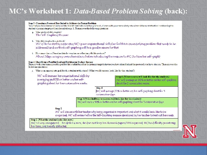 MC’s Worksheet 1: Data-Based Problem Solving (back): 