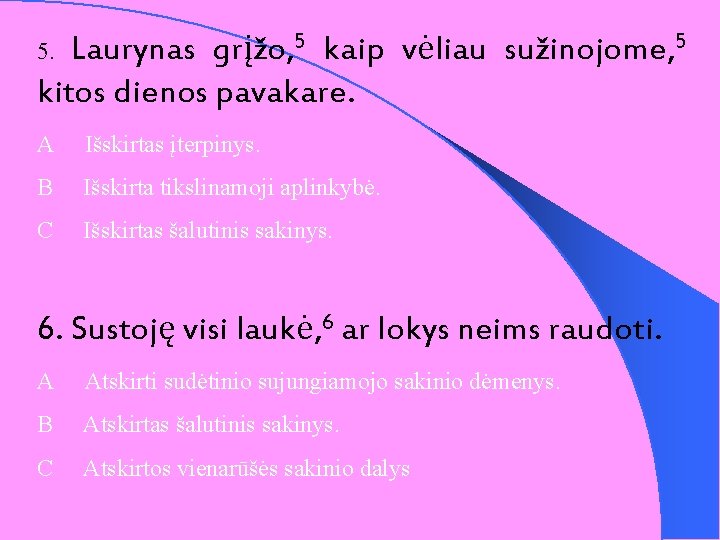 Laurynas grįžo, 5 kaip vėliau sužinojome, 5 kitos dienos pavakare. 5. A Išskirtas įterpinys.