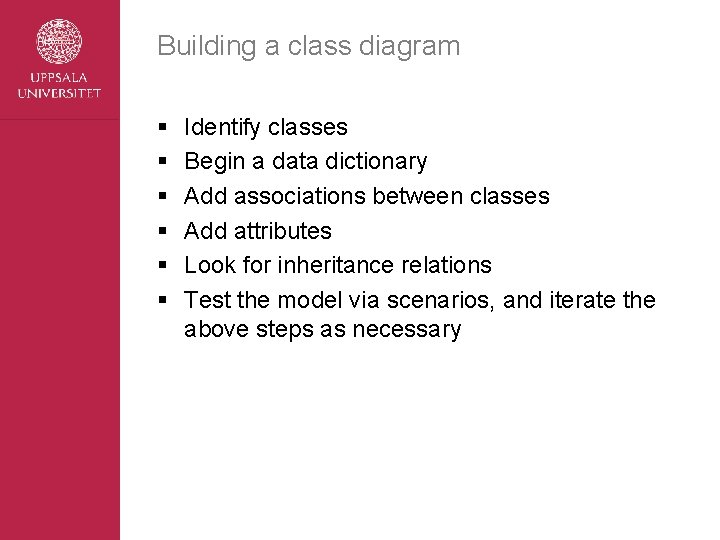 Building a class diagram § § § Identify classes Begin a data dictionary Add