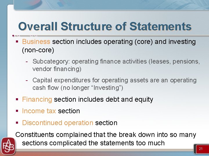 Overall Structure of Statements § Business section includes operating (core) and investing (non-core) -