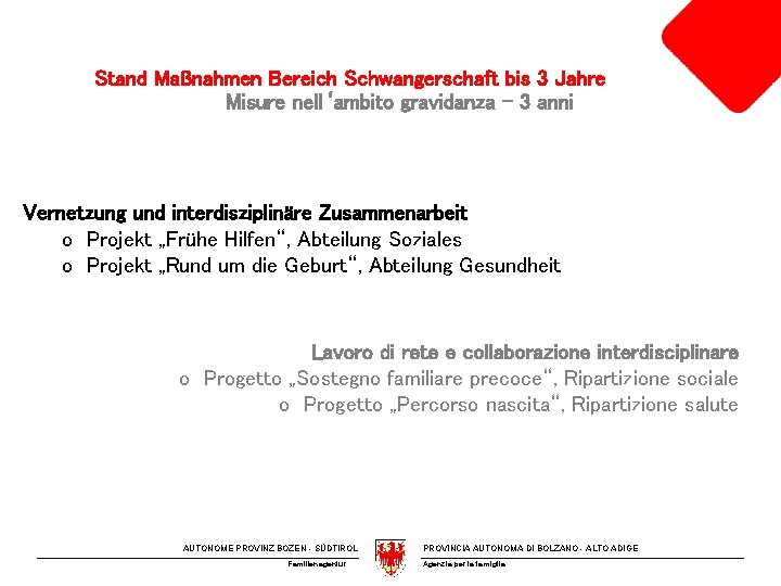 Stand Maßnahmen Bereich Schwangerschaft bis 3 Jahre Misure nell‘ambito gravidanza - 3 anni Vernetzung