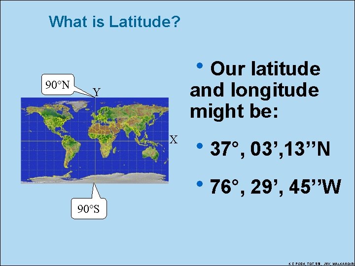 What is Latitude? 90°N h. Our latitude and longitude might be: Y X h