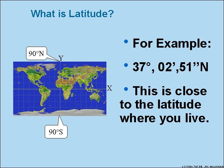 What is Latitude? 90°N h. For Example: Y h 37°, 02’, 51’’N X h.