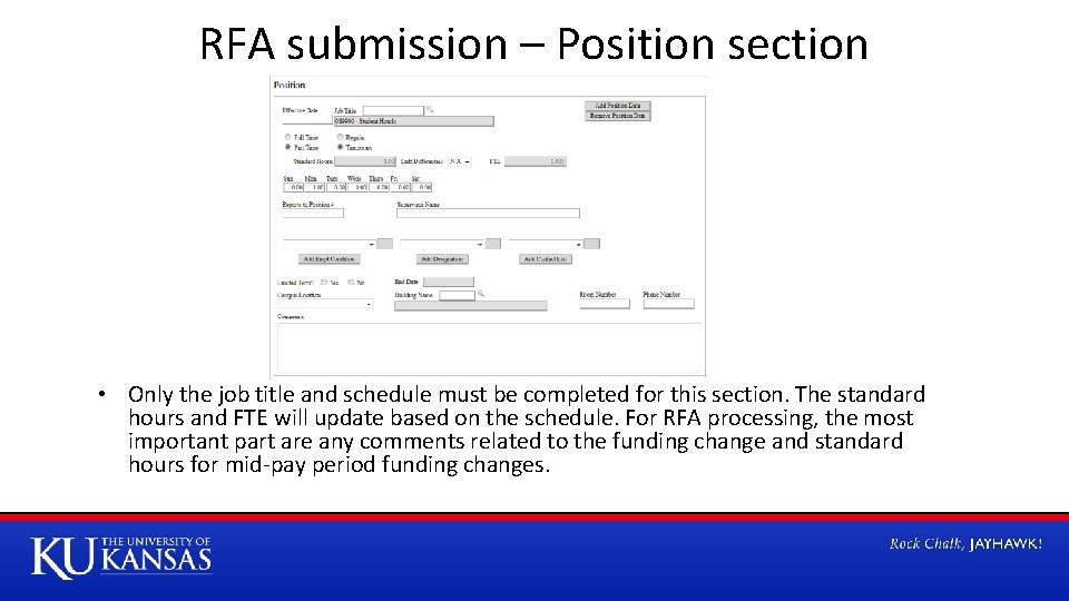 RFA submission – Position section • Only the job title and schedule must be