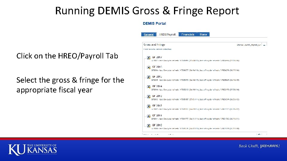 Running DEMIS Gross & Fringe Report Click on the HREO/Payroll Tab Select the gross