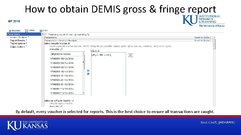 How to obtain DEMIS gross & fringe report By default, every voucher is selected