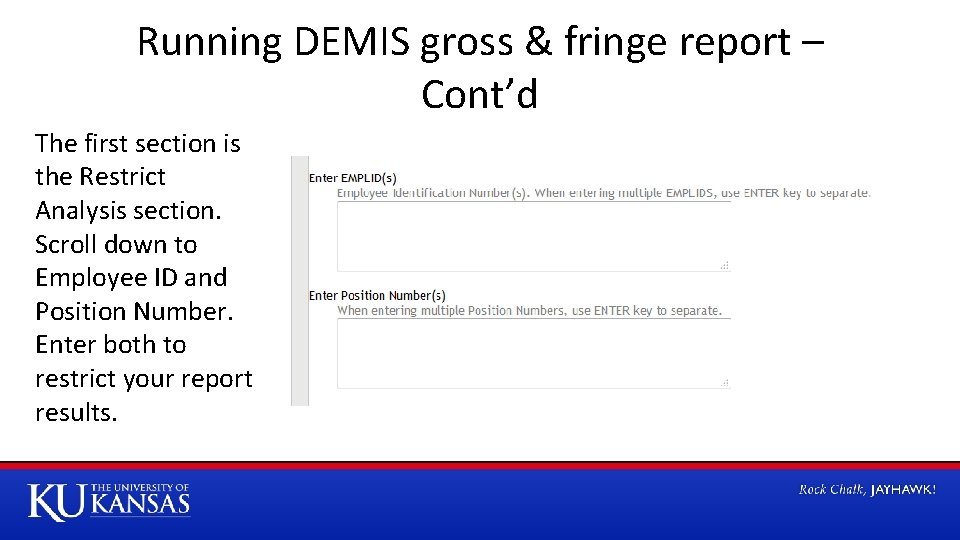 Running DEMIS gross & fringe report – Cont’d The first section is the Restrict