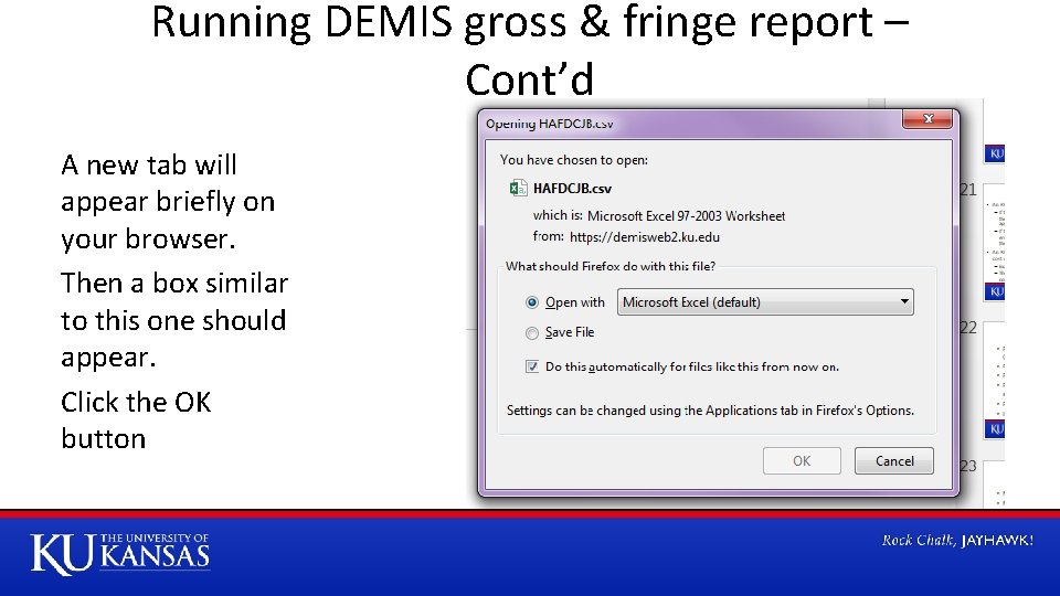 Running DEMIS gross & fringe report – Cont’d A new tab will appear briefly